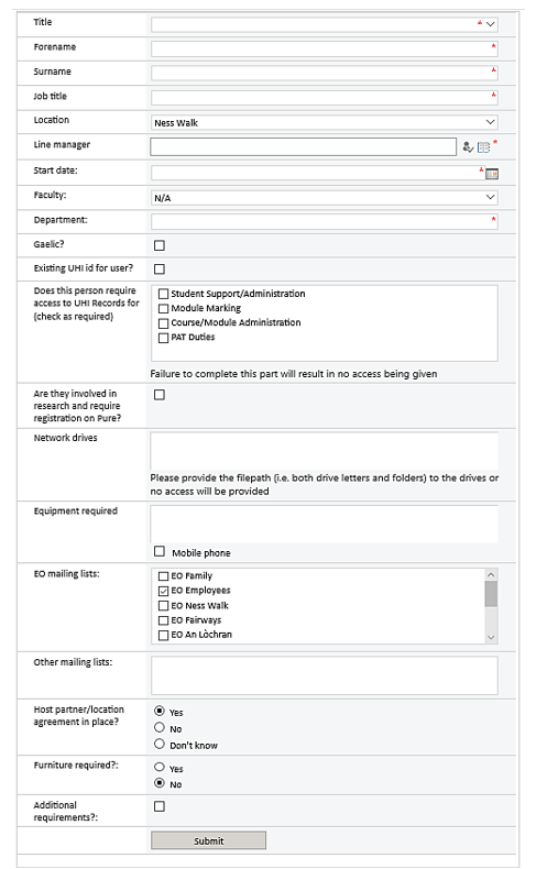 screenshot of the staff account request form